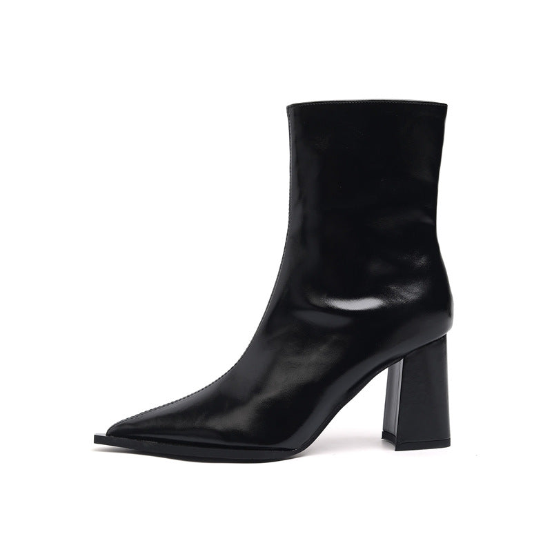 Damen spitz zulaufende Stiefeletten aus Glattleder mit sculpted Blockabsatz und seitlichem Reißverschluss – Varelle