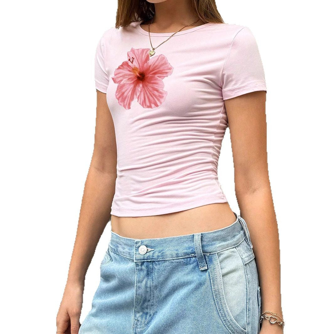 Damen Figurbetontes Kurzarmshirt mit lebhaftem Hibiskus-Motiv Echo Archiv