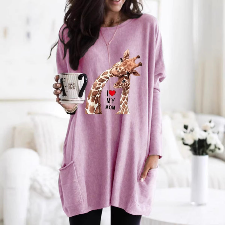 Frauen Übergroße Sweatkleid mit Giraffenmuster, Rundhalsausschnitt und Seitentaschen Echoarchiv