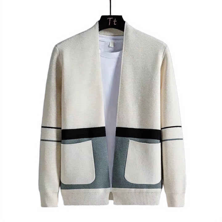 Herren Offene Strickjacke im Colorblock‑Design mit aufgesetzten Taschen und geripptem Saum Echoarchiv