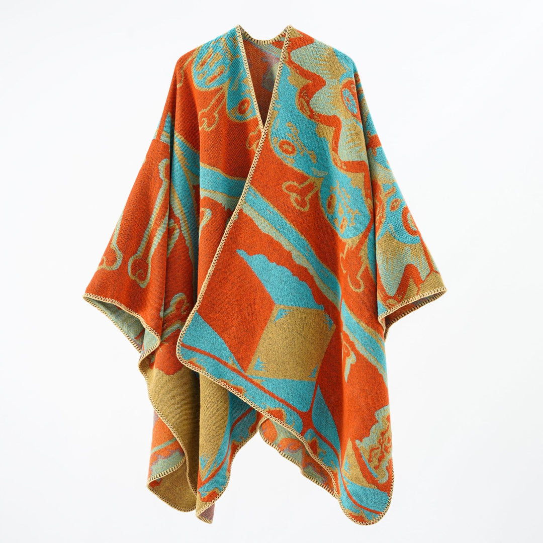 Damen Statement-Capeponcho aus jacquardgewebtem Wollmix mit Skull- und Knochenmuster Echo Archiv