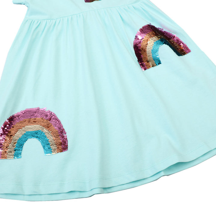 Mädchen Kurzarm-T-Shirt Kleid mit buntem Glitzer-Regenbogen Design Echo Archiv