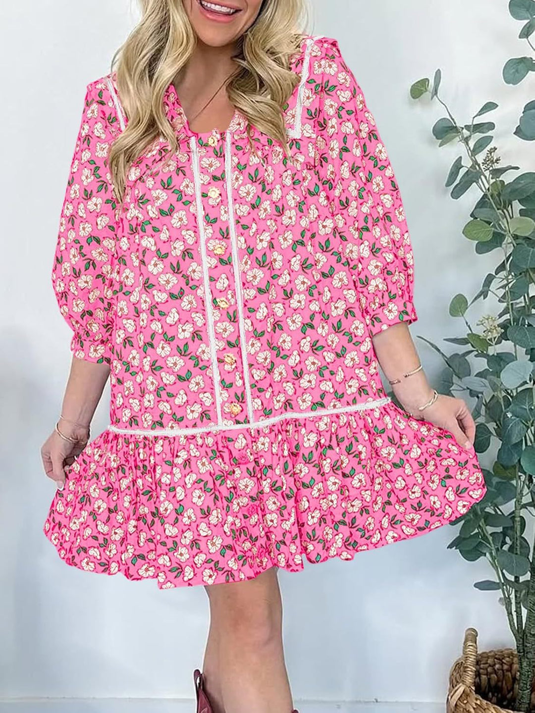 Damen Florales Mini-Hemdkleid mit übergroßem Matrosenkragen Echo Archiv