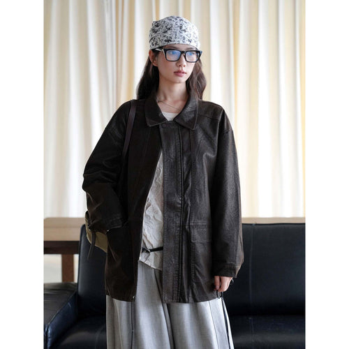 Damen Oversize Lederimitat-Mantel mit Reißverschluss und aufgesetzten Taschen Echoarchiv