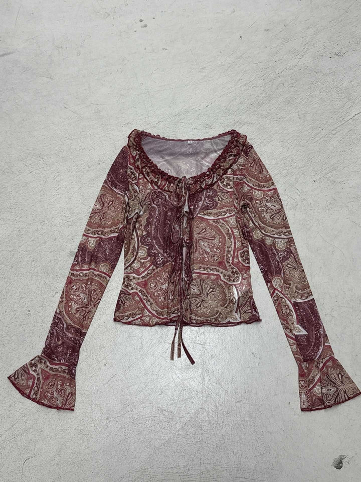 Damen Transparente Mesh-Bluse mit Paisley‑Print, Rüschenkragen, BindEcho Archivand und Glockenärmeln Echo Archiv