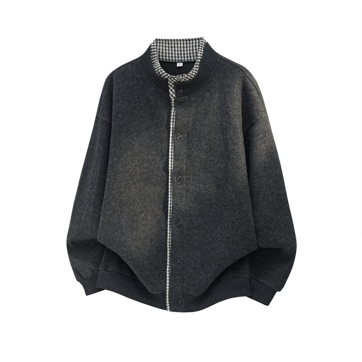 Unisex Oversize Wollmix-Cardigan-Jacke mit Karo-Einfassung und Stehkragen Echo Archiv