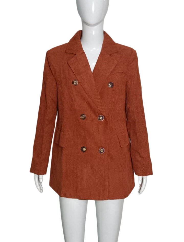 Damen Langer Cord-Blazer im Doppelreiher mit Reverskragen und Pattentaschen Echoarchiv