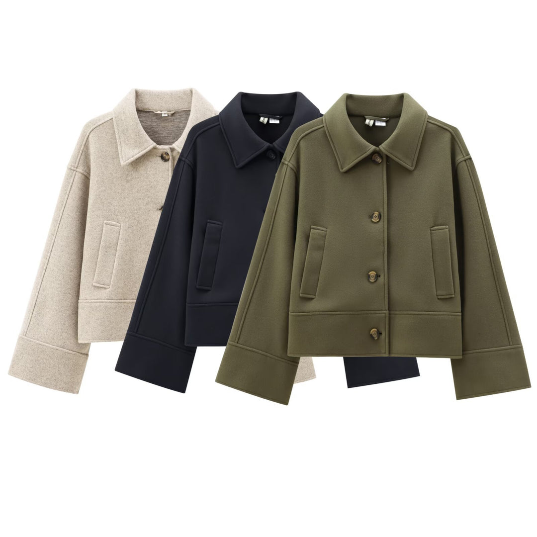 Damen Kurz geschnittene Wollmix-Boxyjacke mit überschnittener Schulter und Pattentaschen Echoarchiv