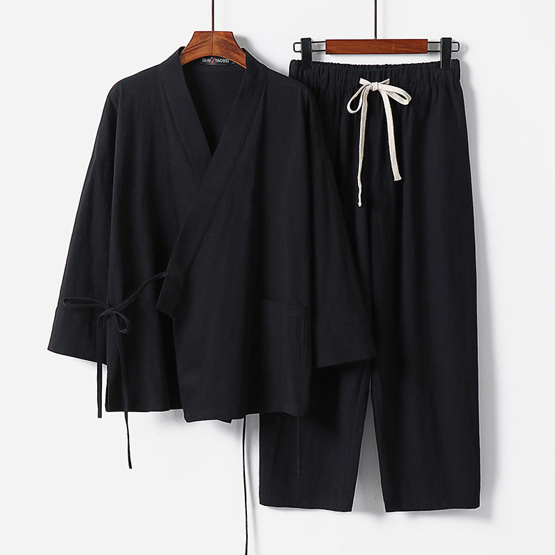 Unisex Leichtes Kimono-Lounge-Set aus weichfallendem Baumwoll-Mix mit Tunnelzughose Echoarchiv