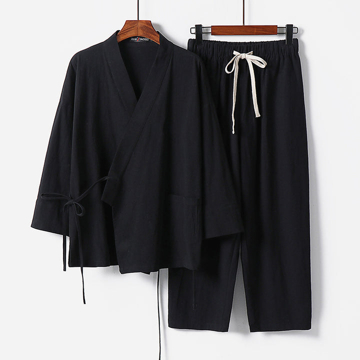 Unisex Leichtes Kimono-Lounge-Set aus weichfallendem Baumwoll-Mix mit Tunnelzughose Echoarchiv