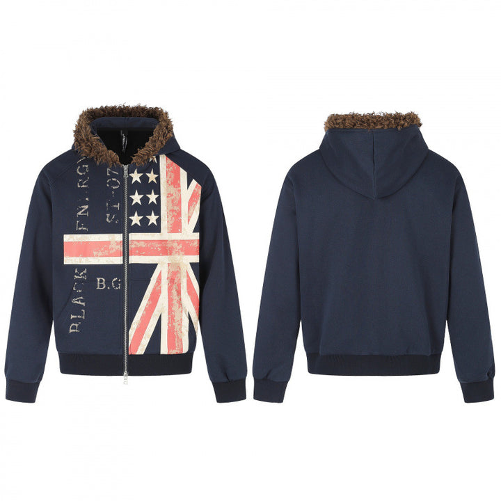 Herren Kapuzenjacke mit Vintage‑Flaggenprint, Kunstfellkapuze und Zweiwege‑Reißverschluss Echo Archiv
