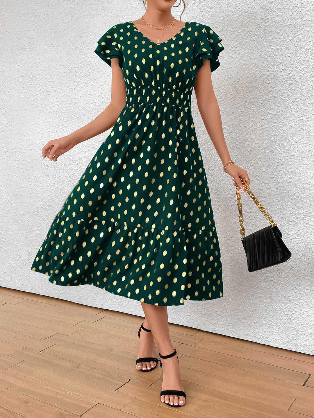 Damen Maxikleid mit Rüschendetails und schimmerndem Punktmuster Echo Archiv