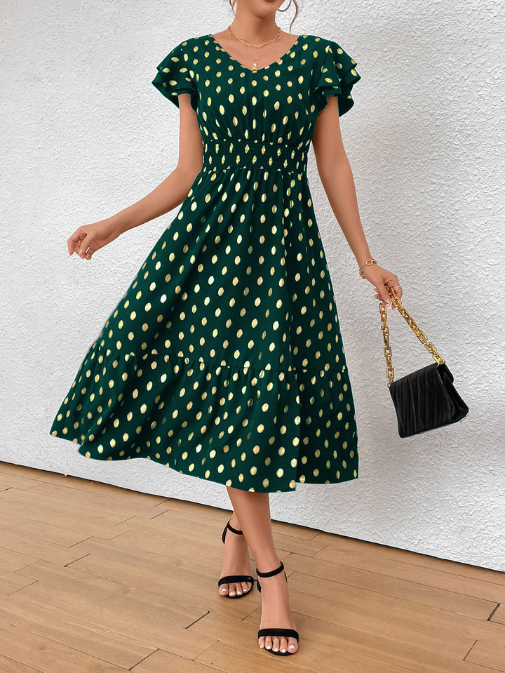 Damen Maxikleid mit Rüschendetails und schimmerndem Punktmuster Echo Archiv