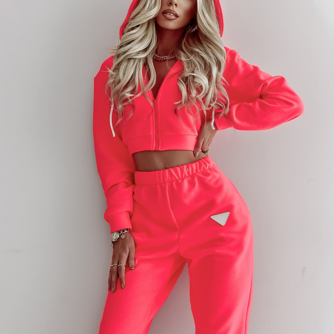 Damen nan Cropped Kapuzenjacke und High-Waist Jogginghose Set aus French Terry mit elastischem Bund Echo Archiv