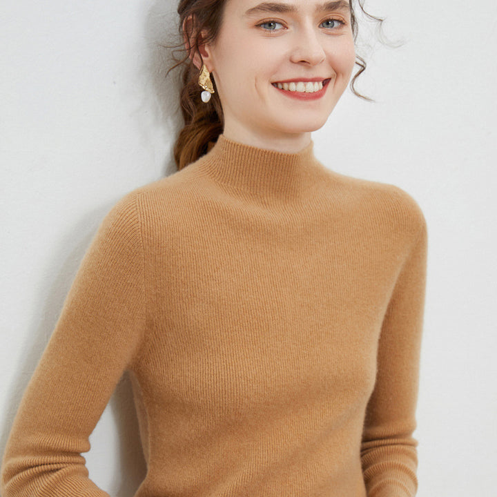 Damen Leichter taillierter Mockneck-Pullover in kaschmirähnlicher Mohair-Optik mit feiner Rippenstruktur Echoarchiv