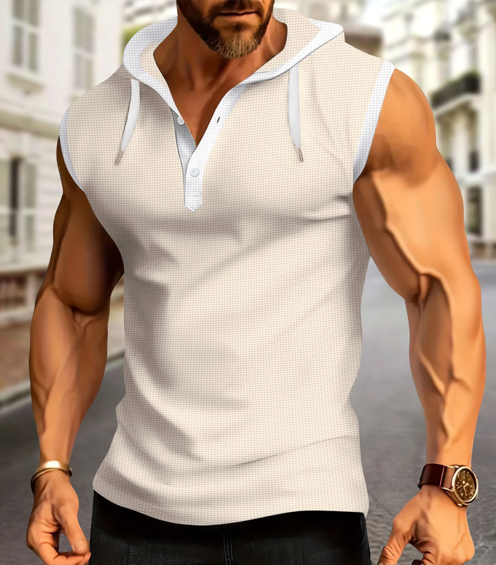Herren ärmelloses Kapuzen-T-Shirt mit modischem Knopfleisten-Design Echoarchiv