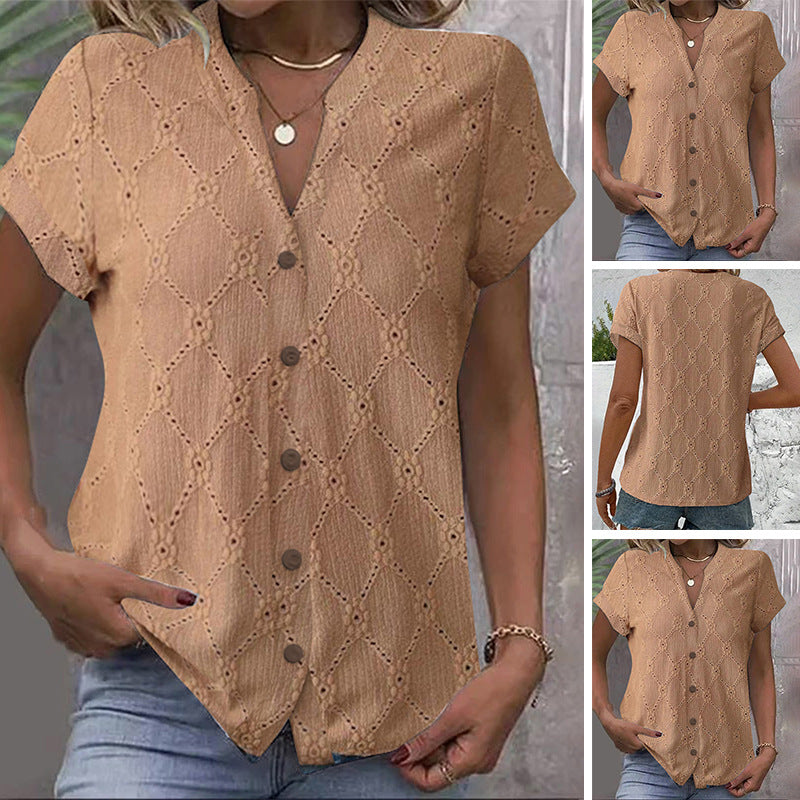 Damen nan kurzärmlige Broderie-Bluse mit V-Ausschnitt und durchgehender Knopfleiste Echo Archiv