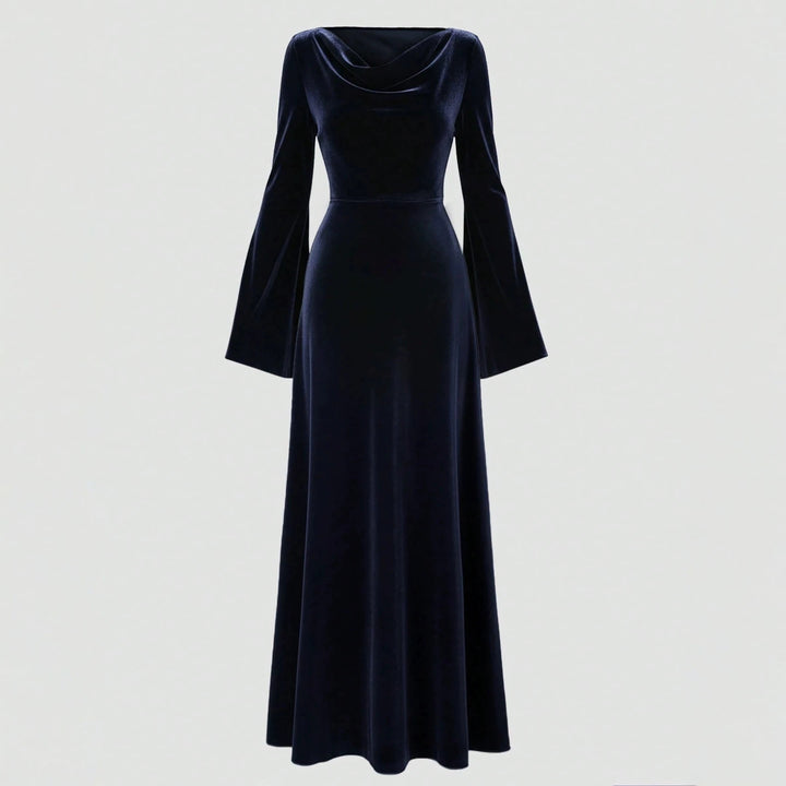 Damen Samt-Abendkleid mit Wasserfall-Ausschnitt, taillierter Silhouette und ausgestellten Trompetenärmeln Echoarchiv