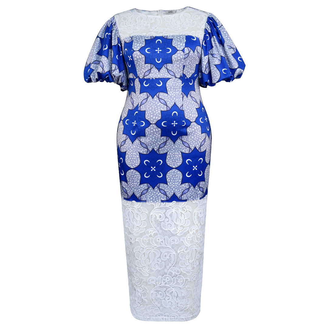 Damen Elegantes Langarmkleid mit ausgefallenen Puffärmeln und Spitzenbesatz Echo Archiv