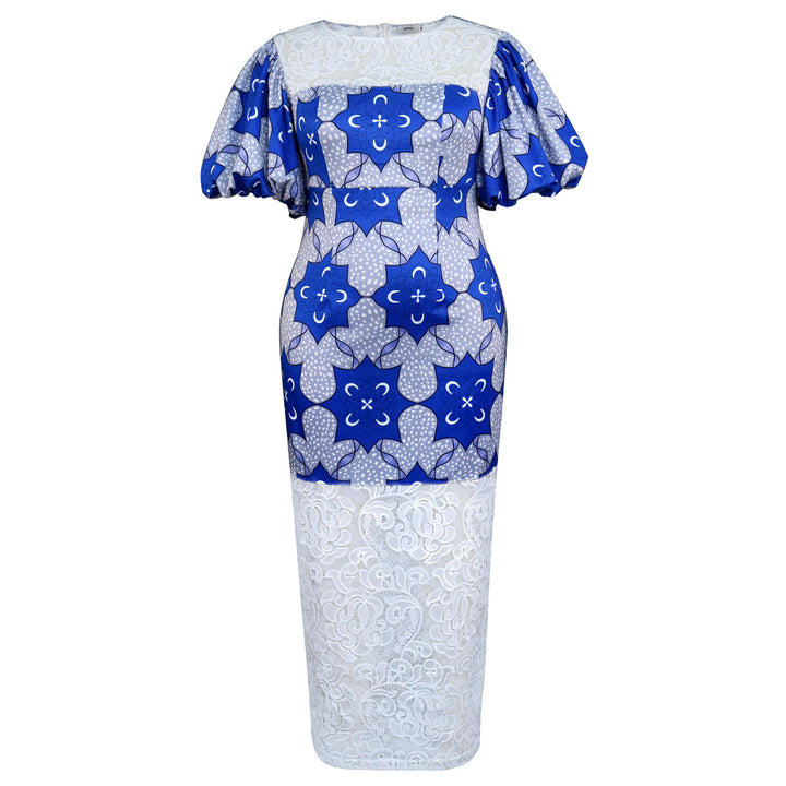 Damen Elegantes Langarmkleid mit ausgefallenen Puffärmeln und Spitzenbesatz Echo Archiv