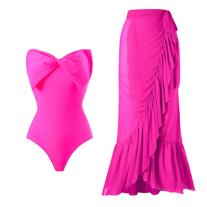 Damen Einteiler Badeanzug mit stylischem Wickelrock und glamourösem Schleifendetail Echo Archiv