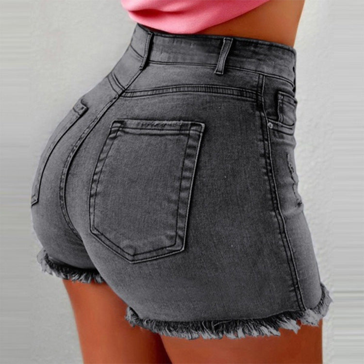 Damen High-Waist Denim-Shorts mit fransigem Saum Echoarchiv