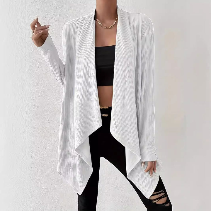 Damen Offener Crinkle-Cardigan mit Wasserfall-Saum und Longline-Silhouette – Veloura