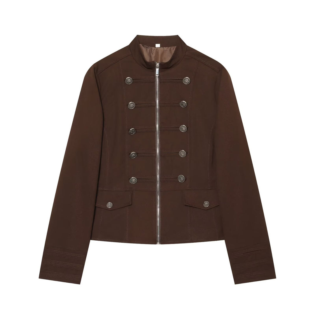 Damen Kurze Militärinspirierte Jacke mit Stehkragen Doppelreihenknöpfen und Reißverschluss Echo Archiv
