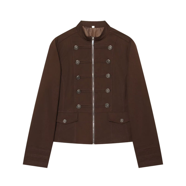 Damen Kurze Militärinspirierte Jacke mit Stehkragen Doppelreihenknöpfen und Reißverschluss Echo Archiv