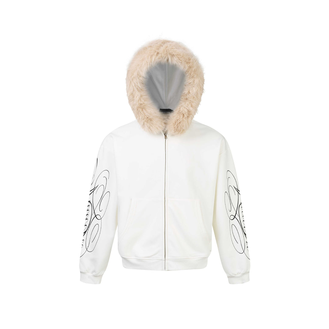 Unisex Oversize Kapuzenjacke aus Baumwollmix mit abnehmbarem Kunstfellbesatz und grafischen Ärmeldrucken Echoarchiv