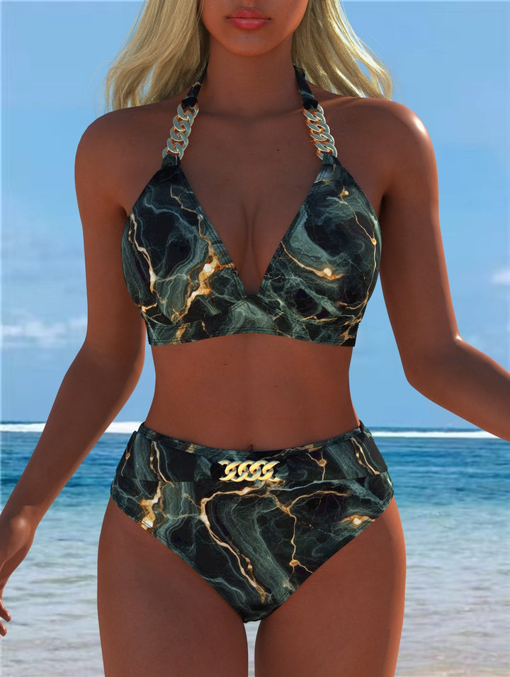Damen Bikini mit luxuriösem Marmormuster und edlen Details Echoarchiv