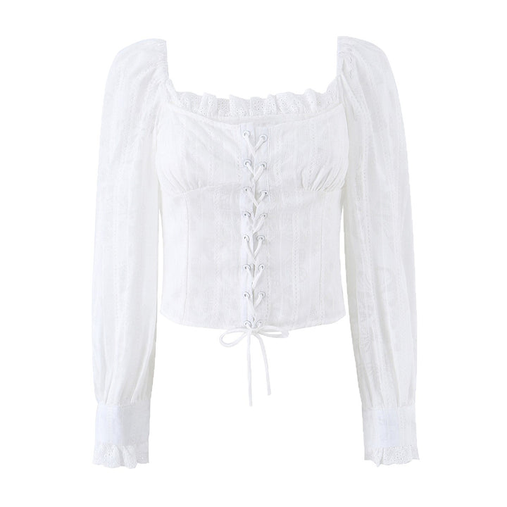 Damen Corsagen-Top im Broderie‑Look mit Schnürung und Puffärmeln Echoarchiv