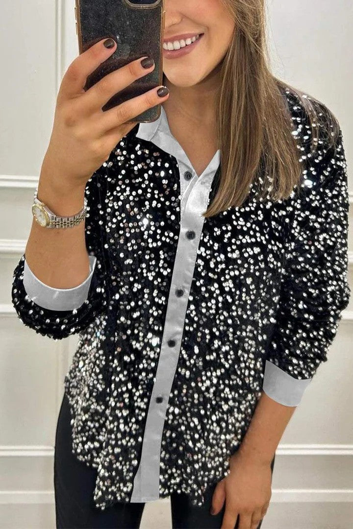 Damen Glitzernde Bluse aus Pailletten mit klassischem Kragen Echoarchiv