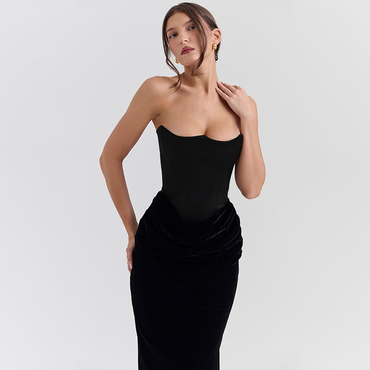 Damen elegantes A-Linien-Maxikleid mit gerafftem Oberteil und trägerlosem Design Echo Archiv