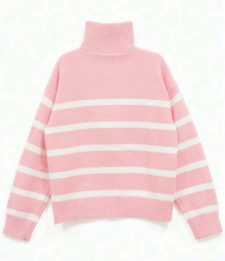 Damen Gestreifter Halb-Reißverschluss Strickpullover mit Rippenkragen – Mavelle