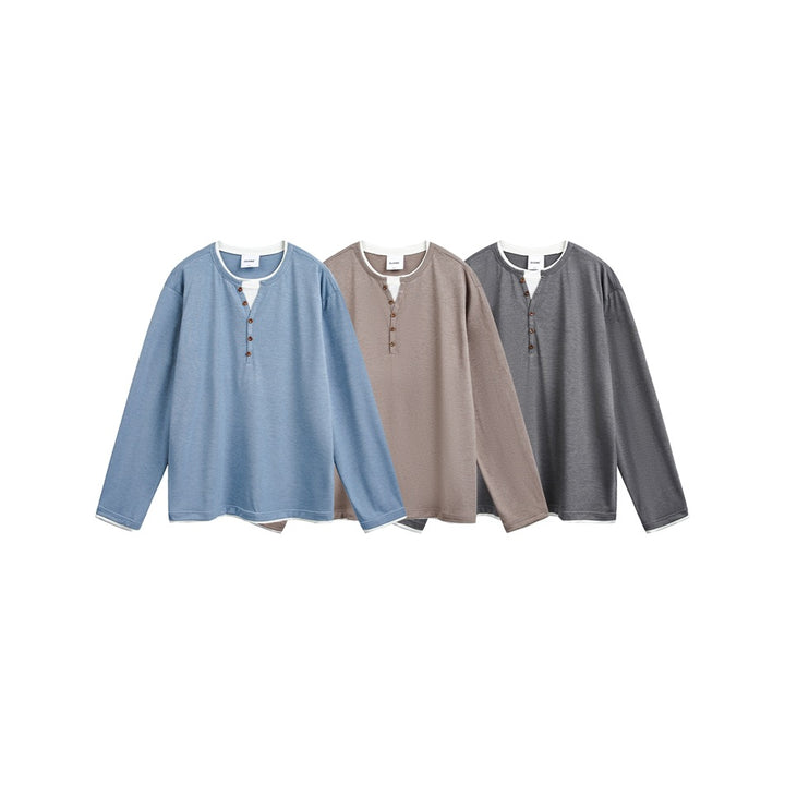 Unisex Baumwollmix-Henleyshirt mit doppellagigem Kragen und Holzknopfleiste Echoarchiv