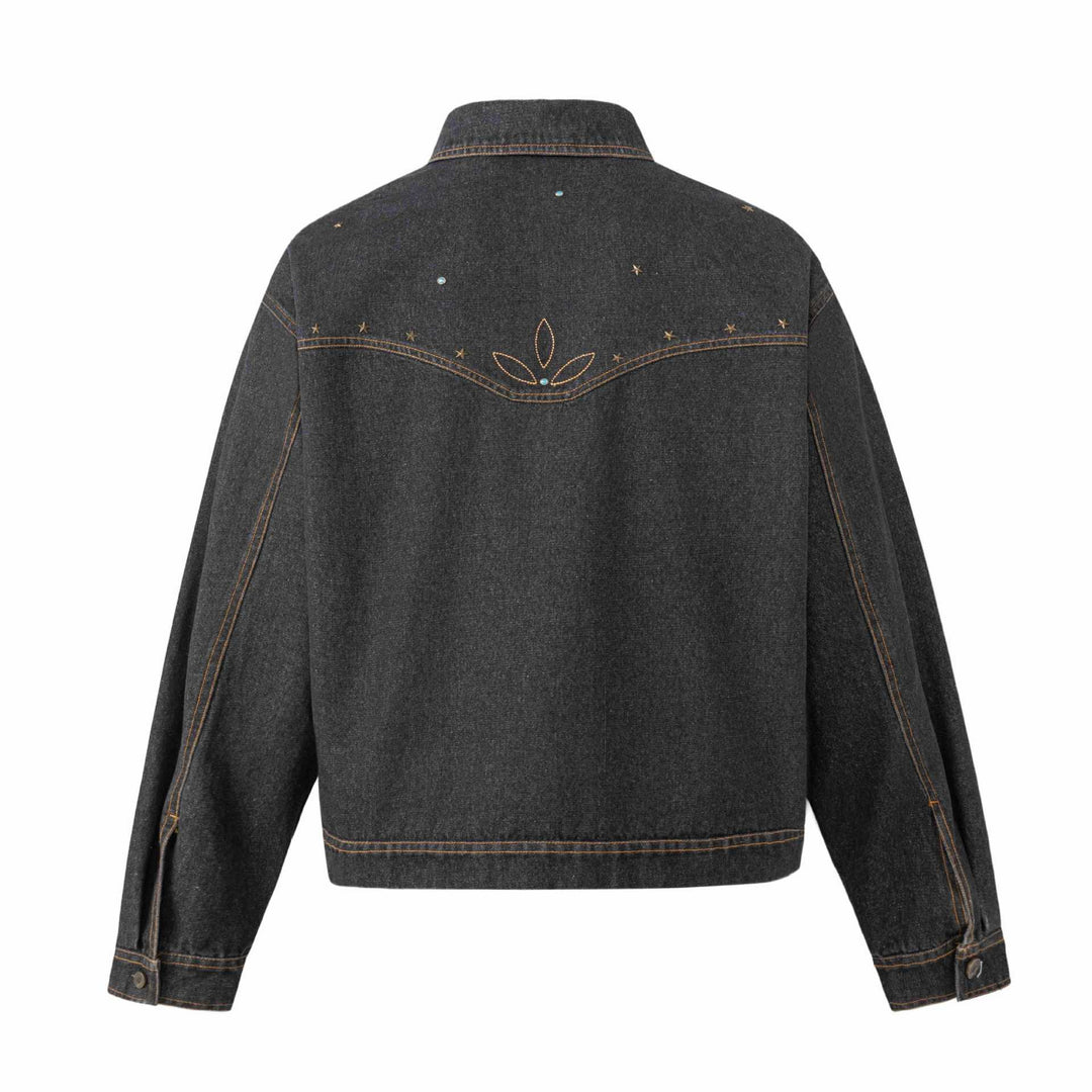 Unisex Boxy-Jeansblouson mit Sternstickerei und Ziernieten Echoarchiv