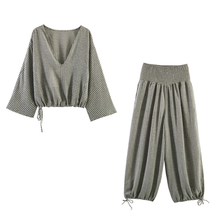 Damen lässige Bluse mit weitem V-Ausschnitt und elastischem Saum Echo Archiv