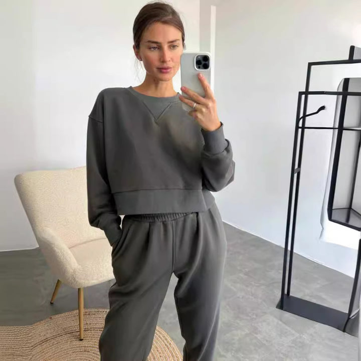 Damen nan Cropped-Sweater-Set mit V-Nahtdetail und hoher Taille Jogginghose Echo Archiv