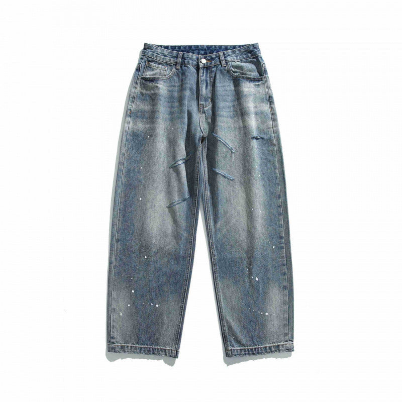 Unisex Weite Vintage-Denim-Jeans mit Destroy-Details und Paint-Splatter Echo Archiv