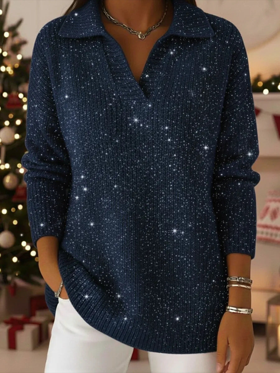 Damen Eleganter V-Pullover mit glänzenden Akzenten – Mavelle
