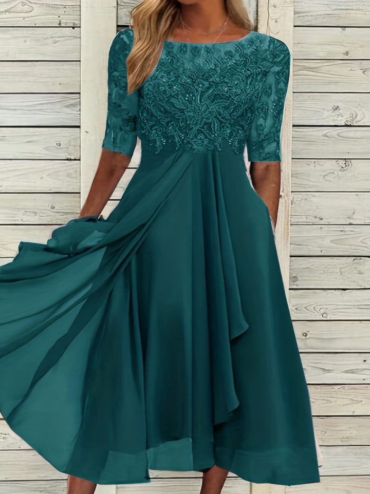 Damen nan elegantes Chiffon-Midikleid mit besticktem Spitzenoberteil und halblangen Ärmeln Echo Archiv