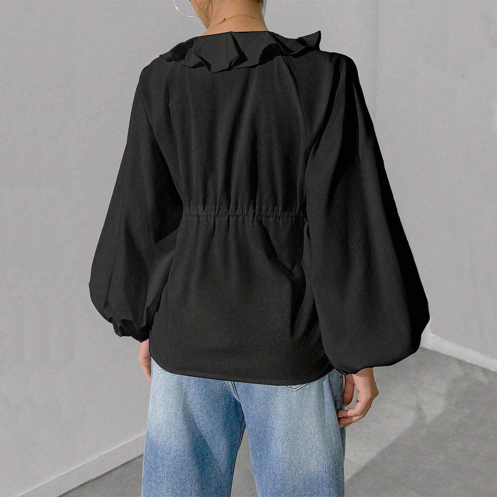 Damen lässige Rüschenbluse mit V‑Ausschnitt, Bindebändern und weiten Ballonärmeln – Élovi