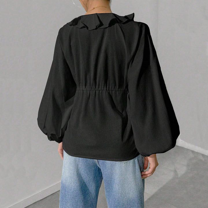 Damen lässige Rüschenbluse mit V‑Ausschnitt, Bindebändern und weiten Ballonärmeln – Élovi