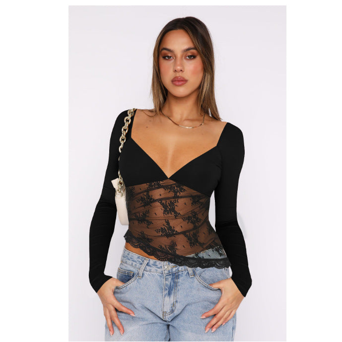 Damen Spitzenbluse mit tiefem V-Ausschnitt und langärmligem Design Echo Archiv