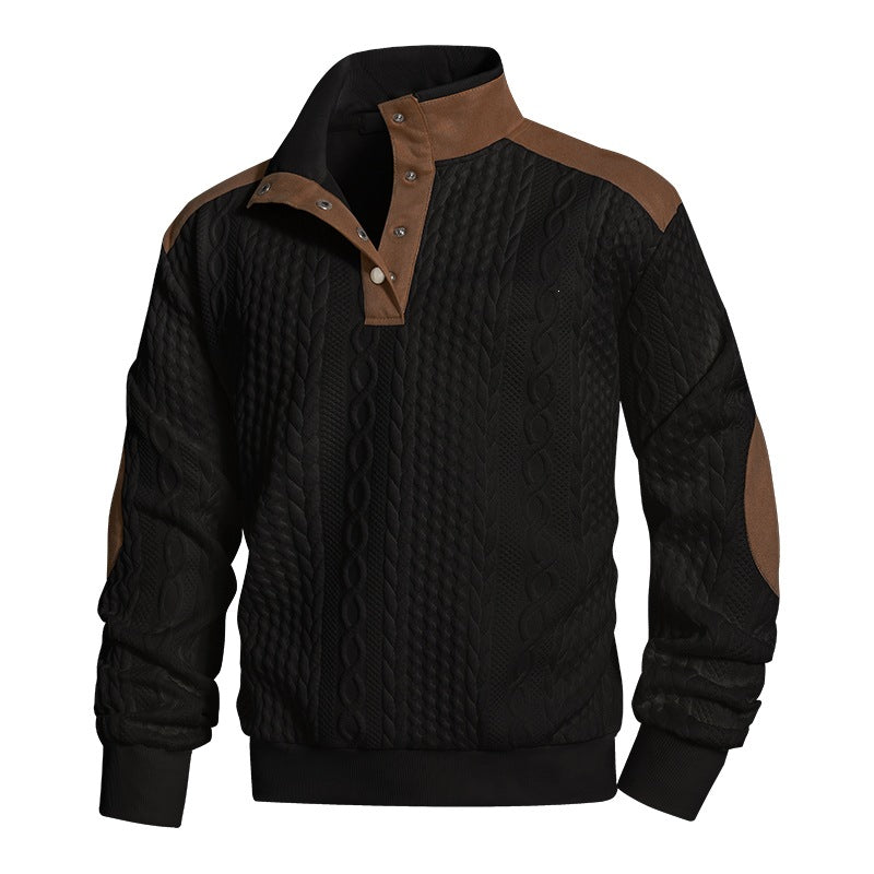 Herren Strickpullover mit Zopfmuster, Stehkragen und Kontrast‑Schulter- & Ellbogenpatches Echoarchiv