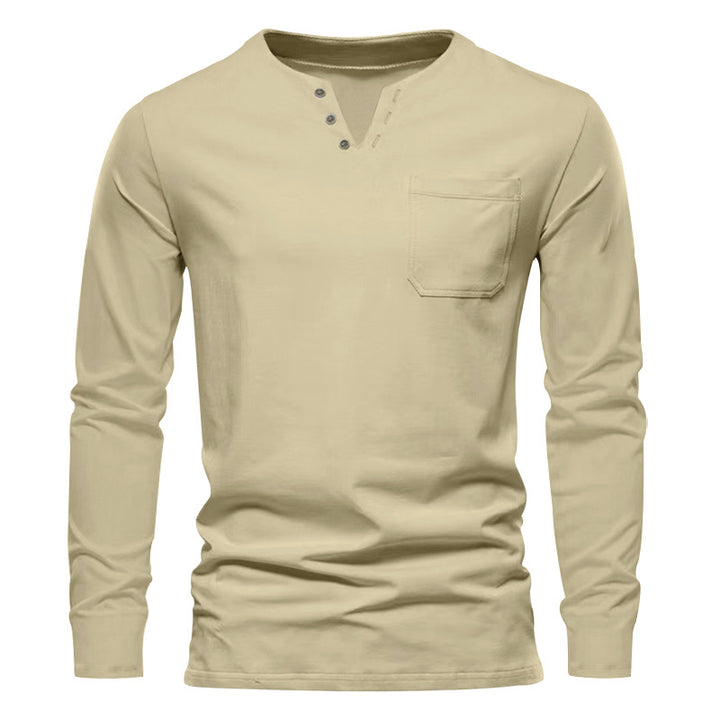 Herren langärmliges Henley-T-Shirt mit stilvollem Knopfdesign und praktischer Brusttasche Echoarchiv