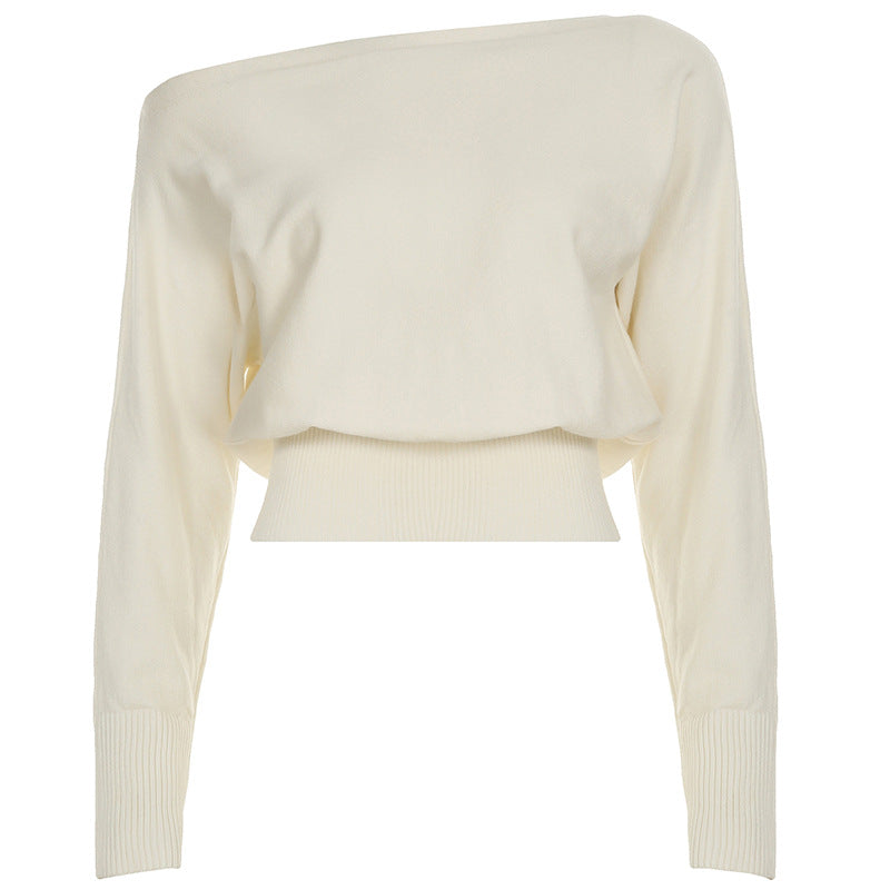 Damen nan schulterfreier Cropped-Feinstrickpullover mit weitem U-Boot-Ausschnitt und elastischem Rippbund Echo Archiv
