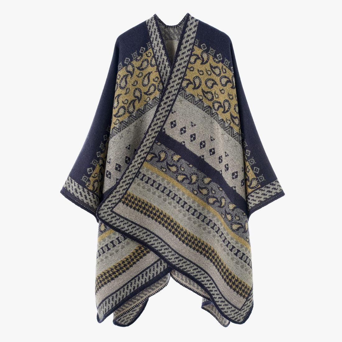 Damen Offenes Jacquard-Cape mit Paisley- und Ethno-Motiv – Célinea