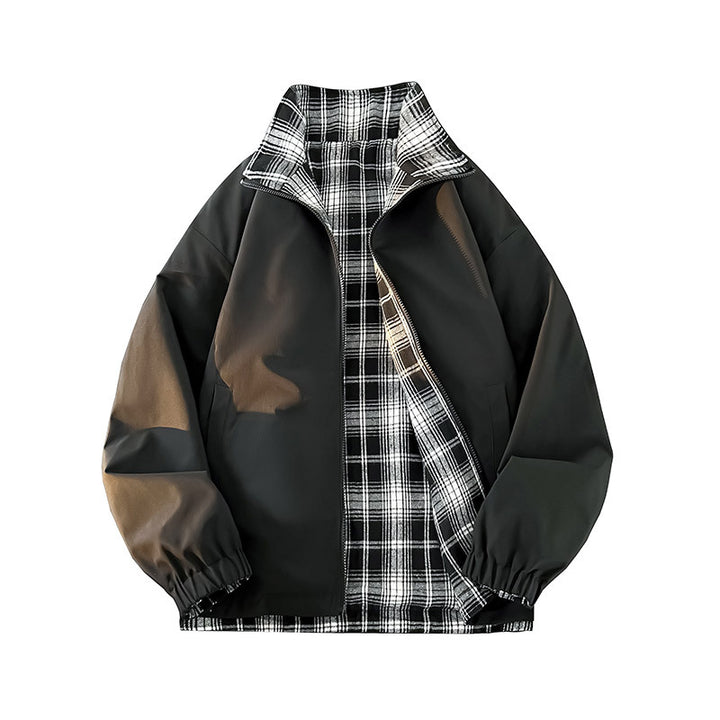 Unisex Wende-Utility-Jacke mit kariertem Innenfutter, Stehkragen und elastischen Bündchen Echo Archiv
